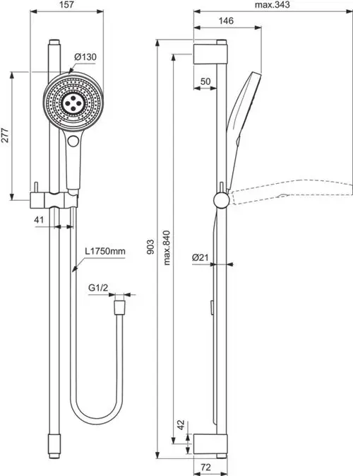 Brausekombination von Ideal Standard mit Handbrause, Verbindungsrohren und Wandhalterung. Skizze zeigt Maße und Anschlussdetails für Installation.